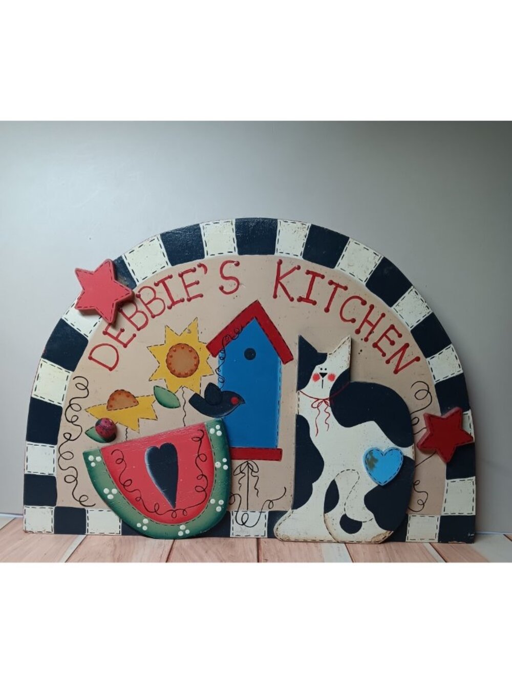 Debbie's Kitchen Half Circle Wall Plaque with Cat Birdhouse Sunflower Country